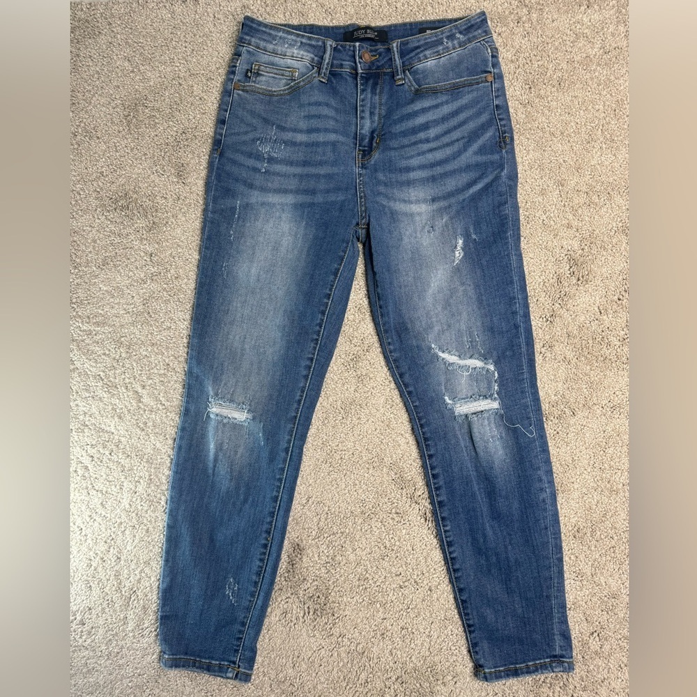Judy Blue Mid Rise Relaxed Fit Distressed Denim Cropped Jeans Womens Size 30